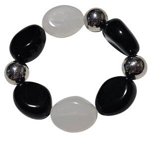 Elegant Retro Black White Beaded Stretch Bracelet Silver Accents Fashion Jewelry